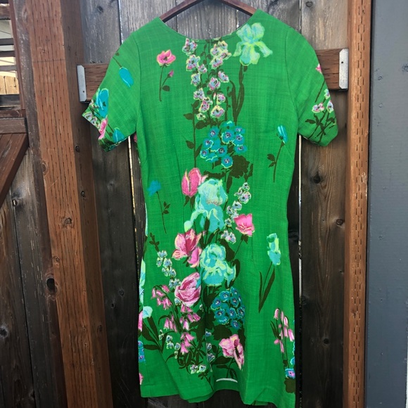 Vintage Green Floral Linen Sheath Dress S/M - Picture 2 of 8